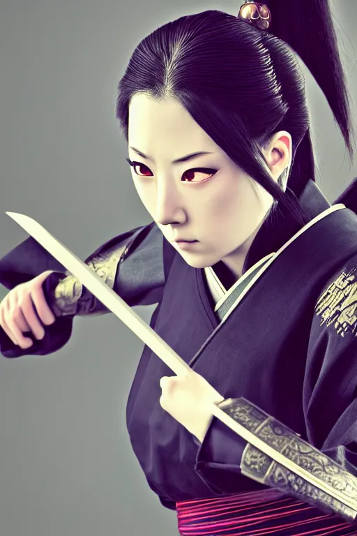 Image similar to highly detailed beautiful photo of a young female samurai, practising sword stances, symmetrical face, beautiful eyes, realistic anime art style, 8 k, award winning photo, pastels, action photography, 1 / 1 2 5 shutter speed, dramatic lighting