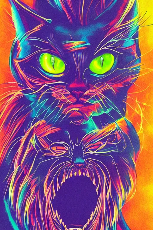 Image similar to demon cat, art by brian miller, colorful, illustration, highly detailed, simple, no jagged lines, smooth