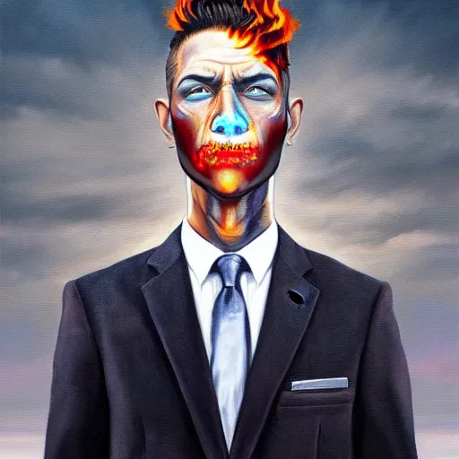 Prompt: a hyper realistic painting of a calm young man in a burning business suit, his clothes is burning, full body painting, coherent symmetrical eyes, by jeffrey smith, by andrea kowch, by steve henderson, masterpiece, trending on artstation,