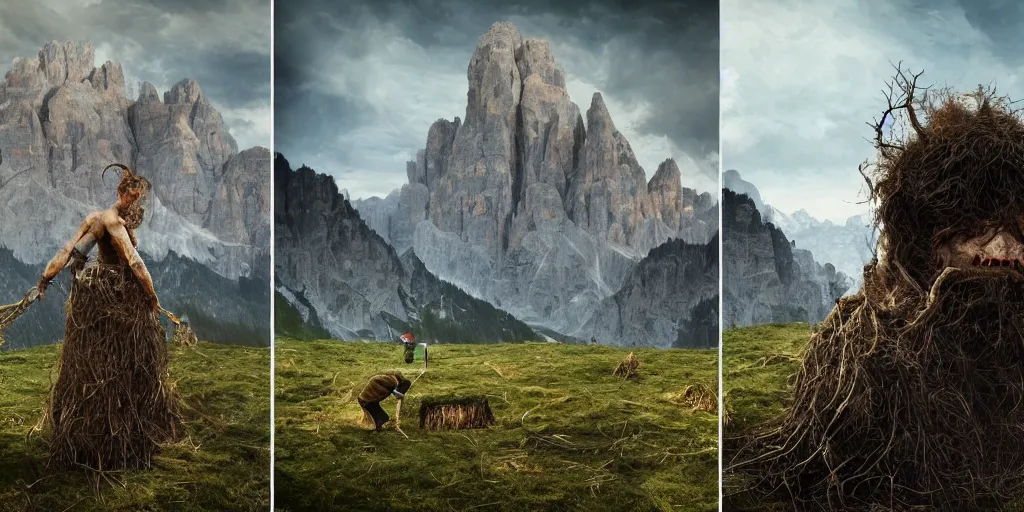 Image similar to alpine farmer transforming into a monster ,roots and hay coat, dolomites in background, dark, eerie, despair, portrait photography, artstation, digital art, concept art, artstation, highly detailed, sharp focus, by caravaggio