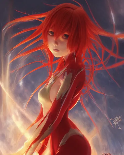 Image similar to asuka langley soryu wearing plugsuit, award winning photograph, radiant flares, realism, lens flare, intricate, various refining methods, micro macro autofocus, evil realm magic painting vibes, hyperrealistic painting by michael komarck - daniel dos santos