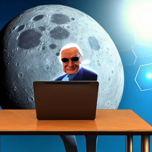 Prompt: 3 d, ultra realism, extra detail, back of a man sitting on his chair with a desk and his futuristic laptop, on the moon, with the universe in the background by stan lee