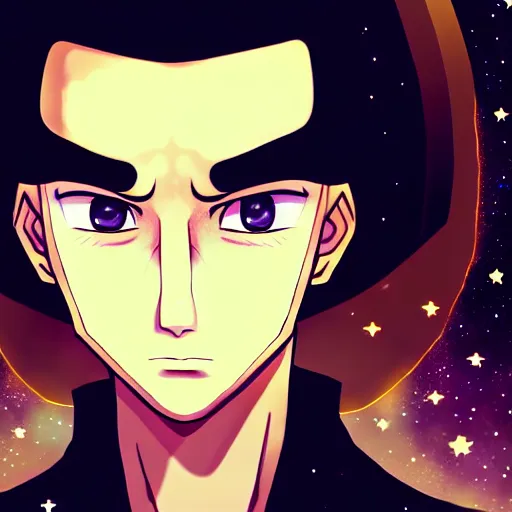 Image similar to a man with with brown hair, eyes with stars and galaxies in his eyes, wearing a black robe with the tips made of gold, anime, trending on artstation, high quality