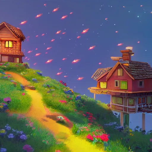 Image similar to beautiful 3 d painting of a colourful house on a hilltop at midnight with small fireflies flying around, in the style of studio ghibli, artstation, unreal engine