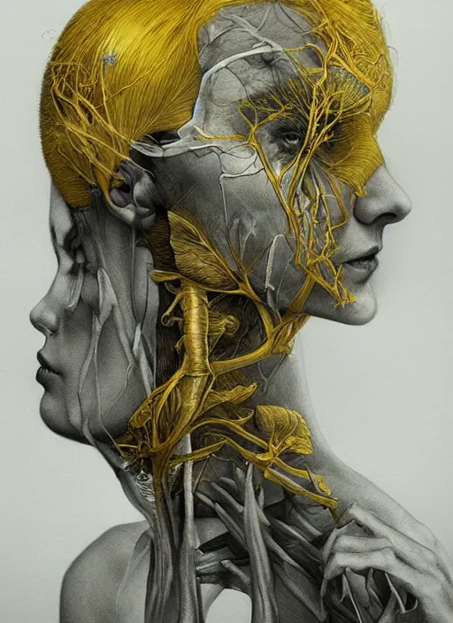 Image similar to masterpiece, woman, bones and veins, yellow, marco mazzoni, zdzislaw beksinksi