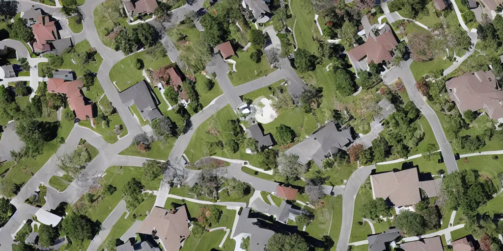 Prompt: an aerial view of a suburban neighborhood surrounded by a moat