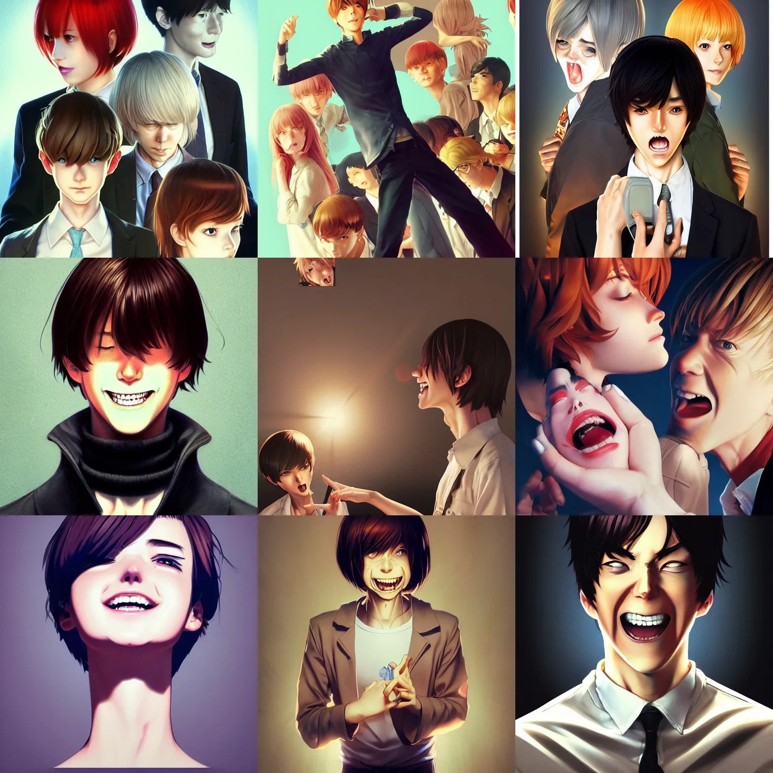 Prompt: light yagami laughing, art by ilya kuvshinov and lois van baarle and ross tran and range murata and artgerm and andy warhol, norman rockwell, digital art, highly detailed, low angle shot, intricate, sharp focus, mystical trending on artstation hq, deviantart, pinterest, unreal engine 5, 4 k uhd image