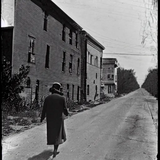 Image similar to walking in the middle of a narrow road in a depression era crammed mid - west town that was abandoned, 1 9 2 0 s w 6 4 0