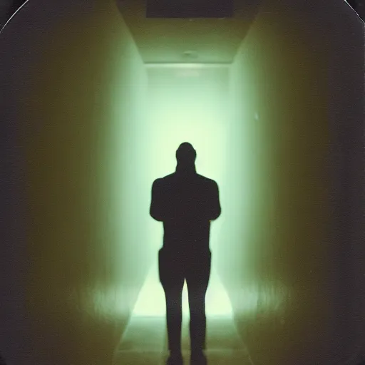 Prompt: dark, scary human figure standing ominously in a hallway, backlit by soft lights, dark, mysterious, creepy, photo taken on Polaroid camera