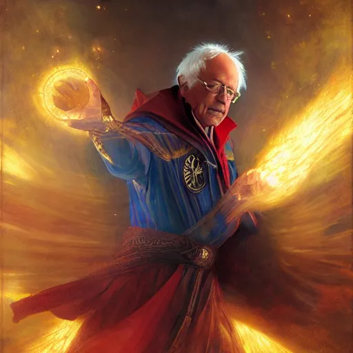 Image similar to bernie sanders as doctor strange, radiant light, caustics, heroic, bright iridescent light, by gaston bussiere, bayard wu, greg rutkowski, maxim verehin