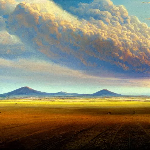 Prompt: painting of a vast field in a large medieval kingdom, dirt paths in various directions and a cattle ranch and a large castle visible in the distance, a volcanic mountain topped by a ring of smoke in the horizon, trending on artstation