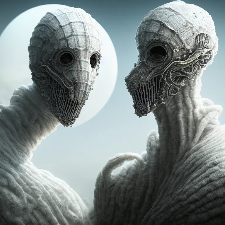 Image similar to portrait of white faceless man wearing white ribbed white scorpio as mask, wastelands on white exoplanet, baroque portrait painting, beautiful intricate insanely detailed octane render, artstation, 8 k artistic harsh flash photography, photorealistic, volumetric perfect light, chiaroscuro, raphael, caravaggio, beksinski, rutkowski, giger