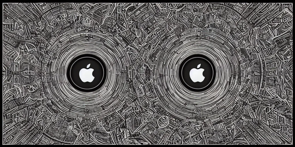 Image similar to symmetrical photograph of apple headquarters in the style of a mastodon album cover, highly detailed, intricate, digital painting, artstation, 3 5 mm film grain