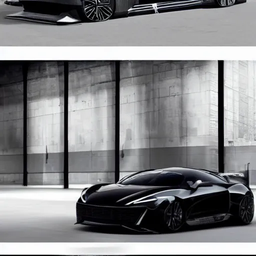 Prompt: a black sports car parked in a garage, a digital rendering by an gyeon, trending on pinterest, panfuturism, detailed, clean, ultra detailed