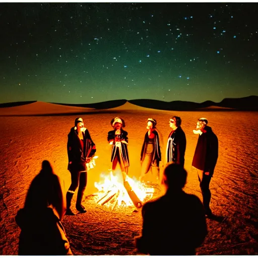 Image similar to photograph of seven ravers, two men, one woman, woman is in a trenchcoat, blessing the earth, seen from behind, talking around a fire, dancefloor kismet, diverse costumes, clean composition, desert transition area, bonfire, starry night, australian desert, xf iq 4, symmetry, sony a 7 r, 1 5 0 mp, 5 0 mm