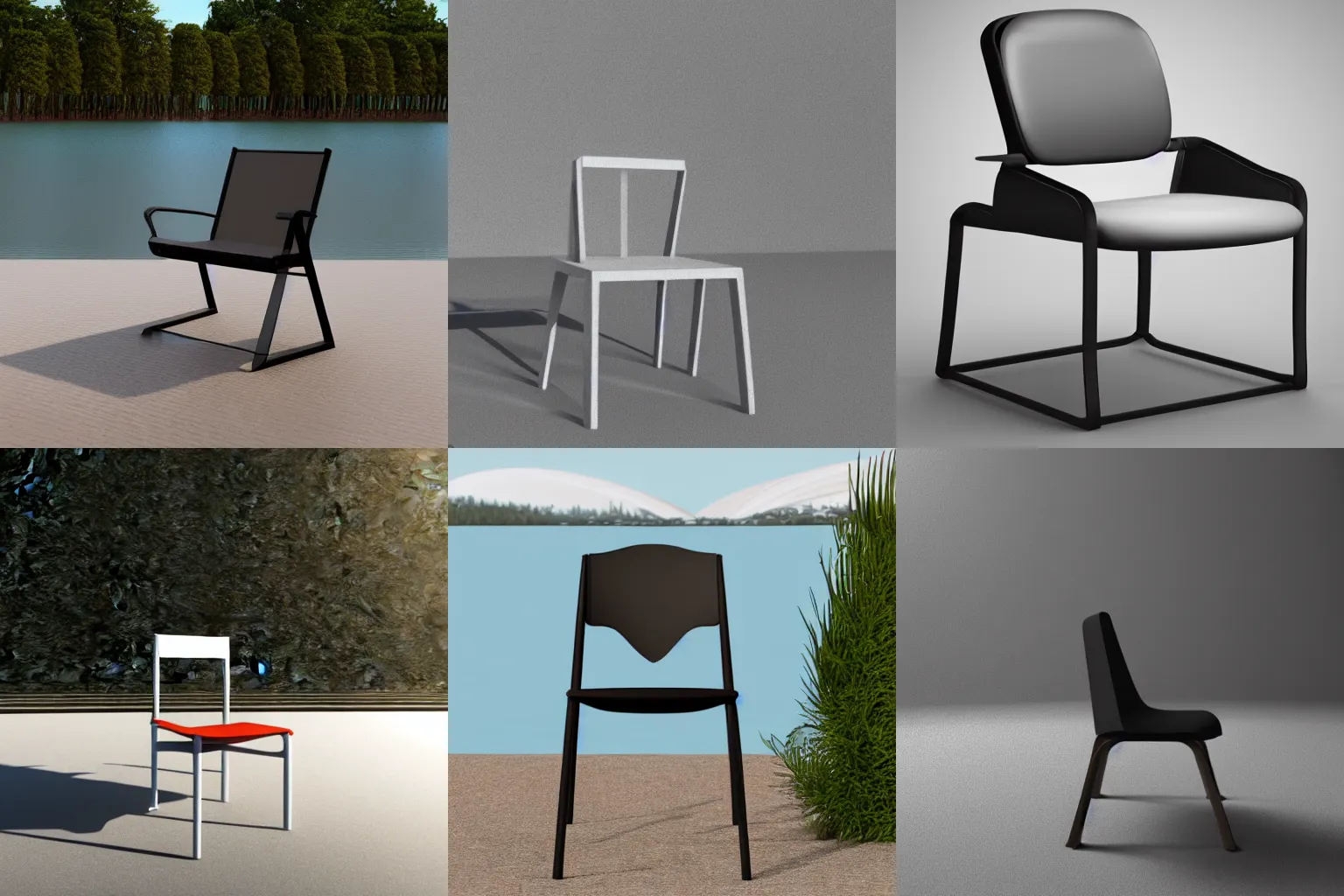 Prompt: 3d render of a minimalistic chair near a lake, 3d minimalistic art, 4k, studio lighting,