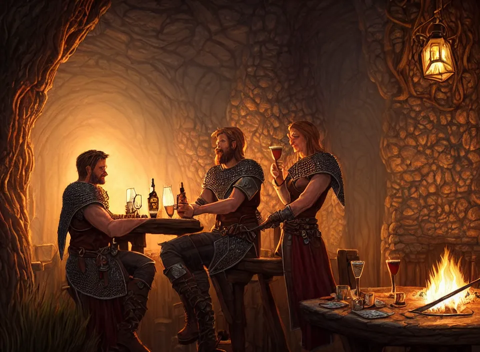 Prompt: a beautiful adventuring couple drinking, cozy firelit tavern, relaxed poses, fantasy art, detailed painterly digital art style by Chip Zdarsky, d&d vibe, leather tunic, chainmail, robes, few scattered swords, 🍸, 8k octane beautifully detailed render, post-processing, extremely hyperdetailed, intricate, epic composition, grim yet sparkling atmosphere, cinematic lighting + masterpiece, trending on artstation, very detailed, vibrant colors