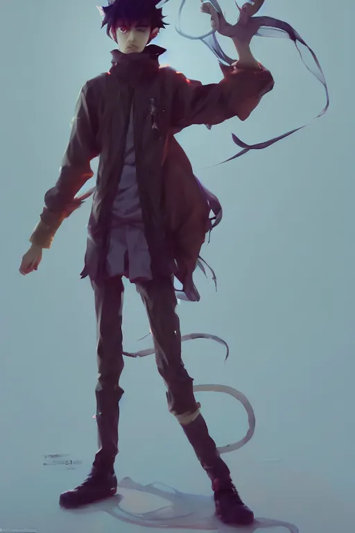 Image similar to a beautiful fullbody portrait of a skinny young anime male wearing a wizard style outfit. character design by cory loftis, fenghua zhong, ryohei hase, ismail inceoglu and ruan jia. artstation, volumetric light, detailed, photorealistic, fantasy, rendered in octane