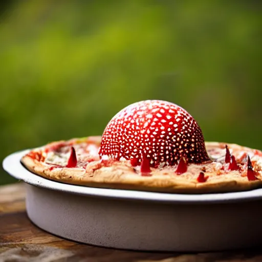 Prompt: spotted amanita muscaria on top of a deep dish pizza viewed from the side, ten spotted amanita muscaria, on a table, professional food photography