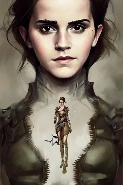 Image similar to a professionally painted portrait of a beautiful Emma Watson, clothed in military armor, olive skin, long dark hair, beautiful bone structure, symmetrical facial features, intricate, elegant, digital painting, trending on Artstation, concept art, smooth, sharp focus, illustration, from Metal Gear by Ruan Jia and Mandy Jurgens and Artgerm and William-Adolphe Bouguerea, award winning