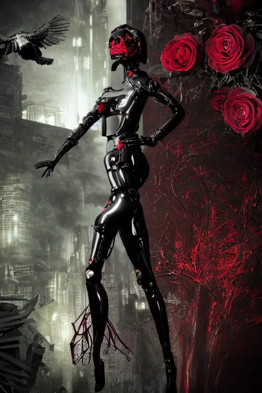 Image similar to full-body cyberpunk style sculpture of a young beautiful dark priestess, half android with a head opening exposing circuitry. glowing red eyes, black roses, flowing blood red colored silk, fabric, candles. baroque elements, human skull. full-length view. baroque element. intricate artwork by caravaggio. crows flying in background. Trending on artstation .octane render, cinematic lighting from the right, hyper realism, octane render, 8k, depth of field, 3D