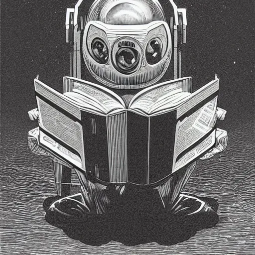 Prompt: retro dark vintage sci-fi, 2D matte illustration, robot reading a book, art by Szukalski, Beksinski