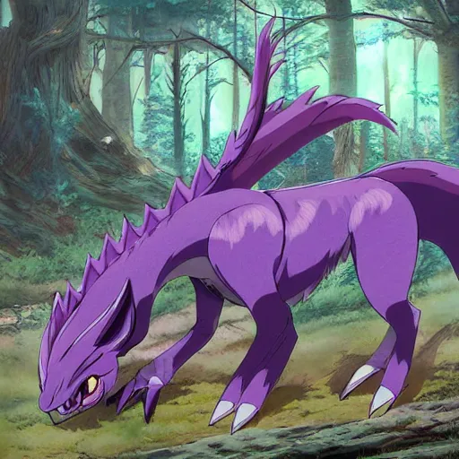 Image similar to concept art painting of a purple anime furry anthro dragon, in the deep forest, realistic, detailed, cel shaded, in the style of makoto shinkai and greg rutkowski and james gurney