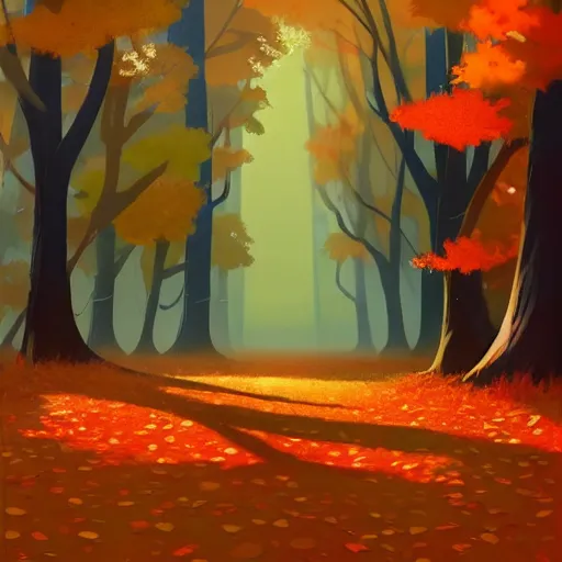 Image similar to goro fujita ilustration a forest full of leaves on the ground, tall autumn trees that let in small streaks of light to the ground, painting by goro fujita, sharp focus, highly detailed, artstation