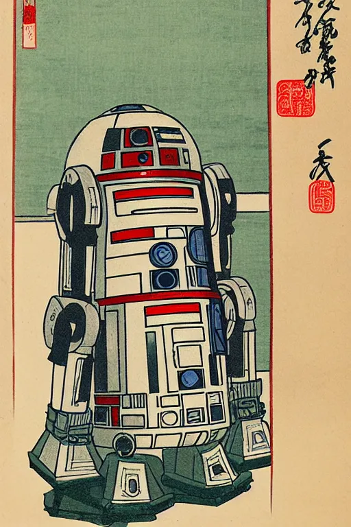 Image similar to Japanese woodblock print of r2d2 , Ukiyo-e