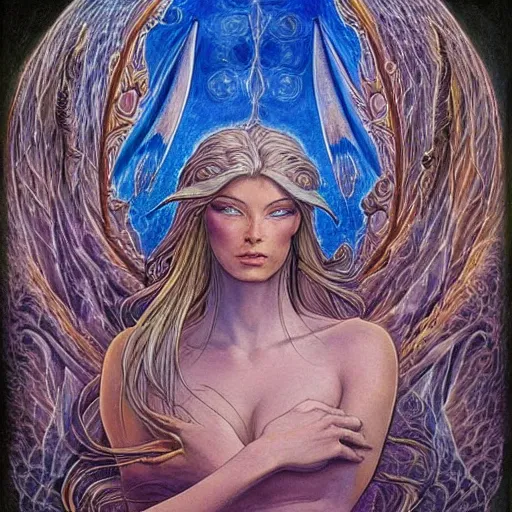 Image similar to most beautiful silk brethren, azure milieu of desert of reality, in the style of william blake, terese nielsen, detailed, intricate, beautiful faces, steve argyle, pastoral fantastic reality