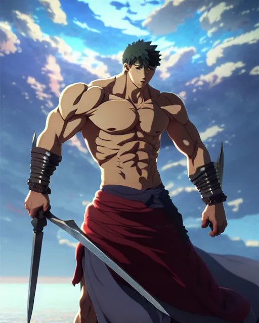 Image similar to strong muscular warrior with a greatsword, dramatic pose, square masculine facial features, short messy hair, intimidating appearance, 3 d octane render, unreal engine 5, ultra high detail, cel shaded, trending on pixiv fanbox, by greg rutkowski makoto shinkai takashi takeuchi studio ghibli, akihiko yoshida