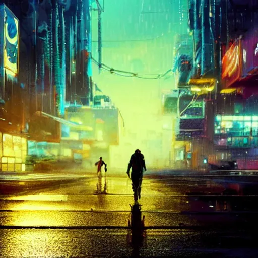 Image similar to jellyfish running on the street at night after the rain, with the silhouette of distant mountains in the background, cyberpunk style, darek zabrocki, 8 k