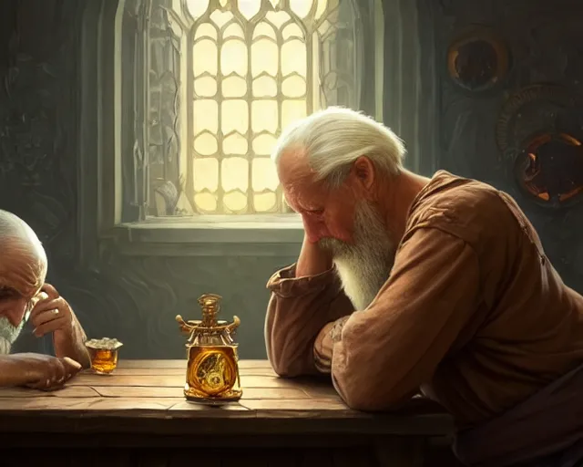 Image similar to an old man resting his chin on a table looking at the elixir of life with a photograph of his wife next to him, deep focus, d & d, fantasy, intricate, elegant, highly detailed, digital painting, artstation, concept art, matte, sharp focus, illustration, hearthstone, art by artgerm and greg rutkowski and alphonse mucha