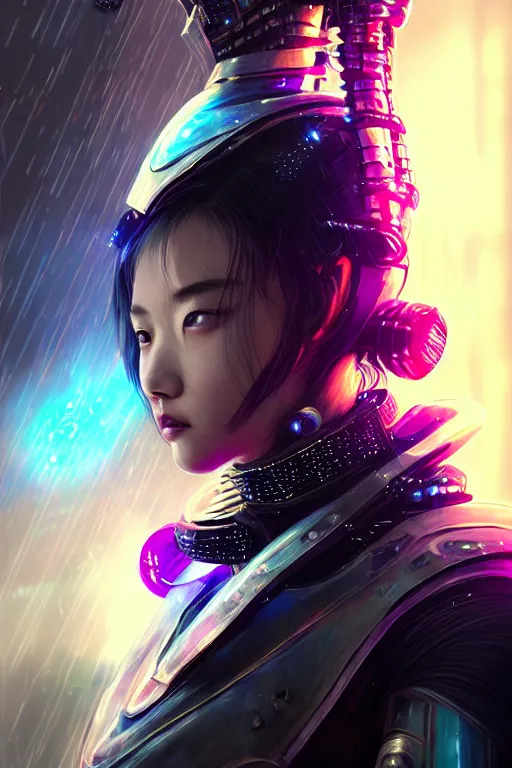 Image similar to portrait futuristic wuxia armor heroine Girl with thunder and fire sparkles and starlight, fighting in future cyberpunk tokyo heavy rainning rooftop , ssci-fi, fantasy, intricate, very very beautiful, elegant, human structure, neon light, highly detailed, digital painting, artstation, concept art, smooth, sharp focus, illustration, art by tian zi and WLOP and alphonse mucha