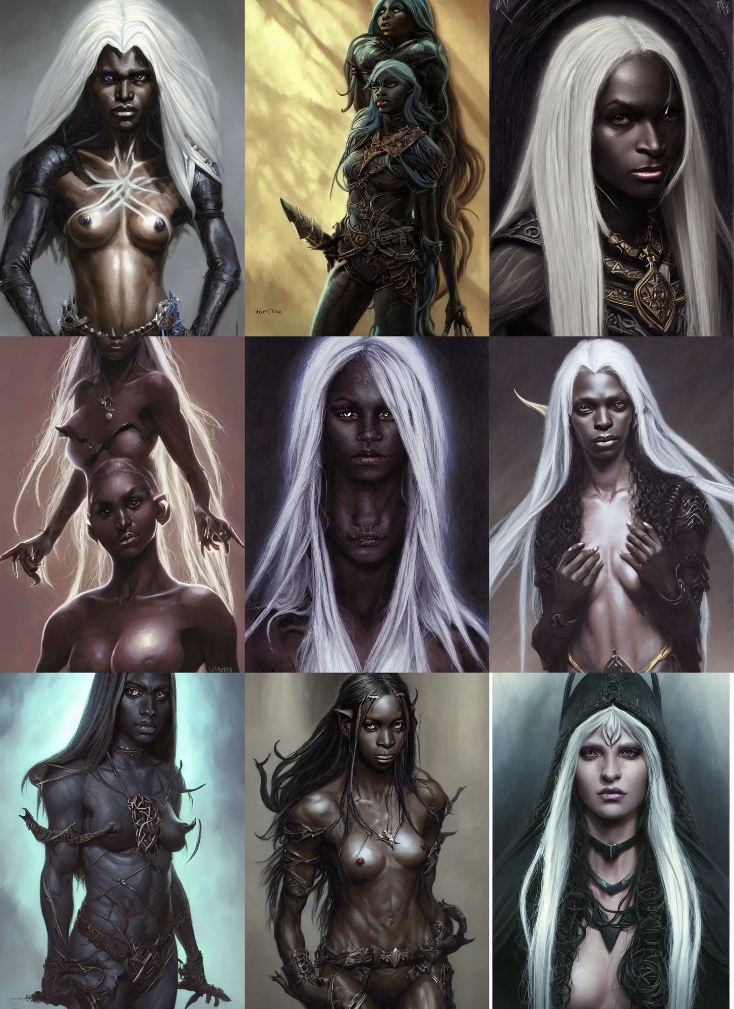 Prompt: a portrait of a dark female drow elf, pitchblack skin, naive, innocent, worried, young adult, long white hair, style by donato giancola, wayne reynolds, jeff easley dramatic light, high detail, cinematic lighting, artstation, dungeons and dragons