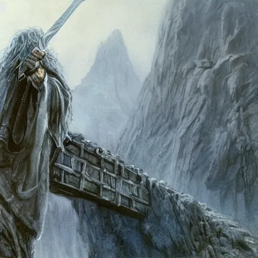 Image similar to beautiful gandalf with a sword in his hand on a bridge fighting an enormous balrog from hell, by alan lee, lord of the rings, smooth, detailed terrain, oil painting, matte painting, concept art, trending on artstation
