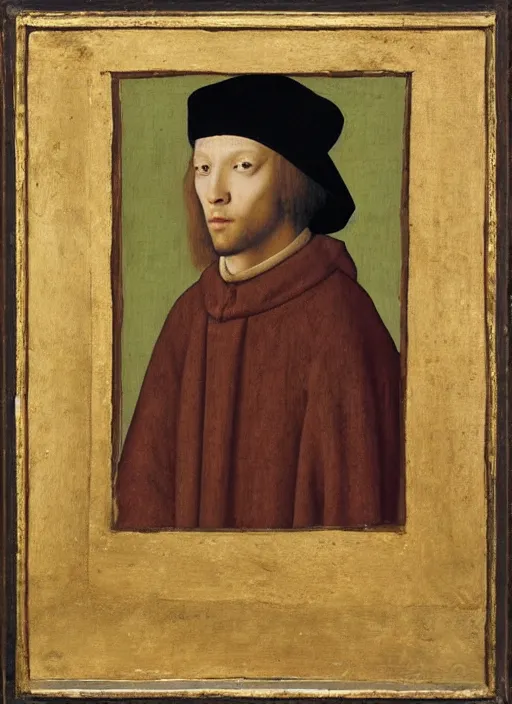 Image similar to portrait of a young man who is a king with a crown, medieval painting by Jan van Eyck, Florence