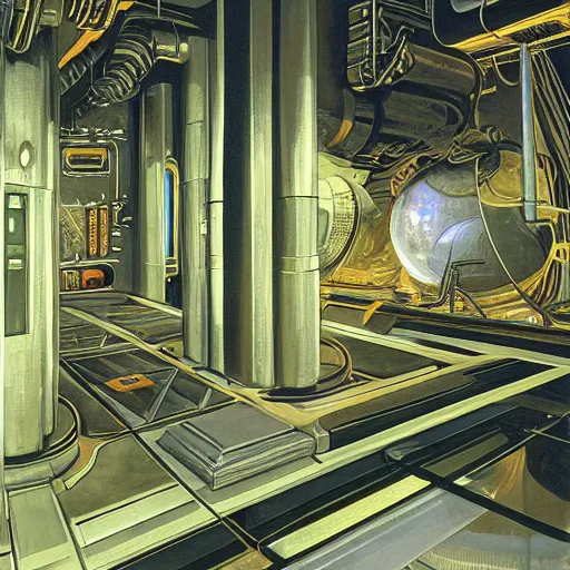 Prompt: painting of a syd mead scifi ancient civilzation interior engine room, greg rutowski