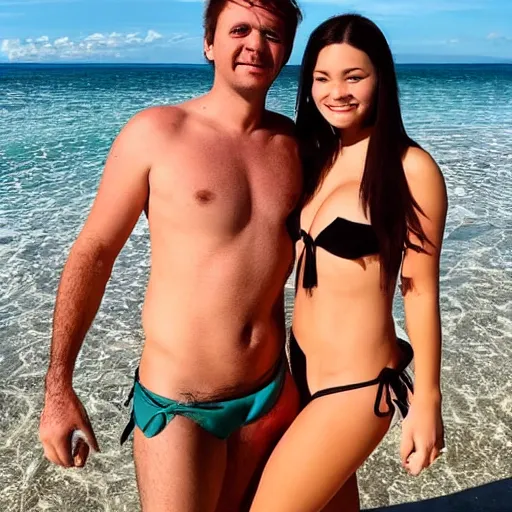 Image similar to photo of a 4 0 year old man that looks young for his age dating a very attractive 2 2 year old woman wearing a bikini. he was 1 8 when she was a newborn baby