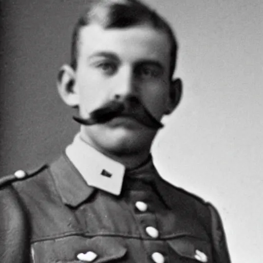 Image similar to a black and white old photo of a soldier with long blonde hair and long blonde moustache