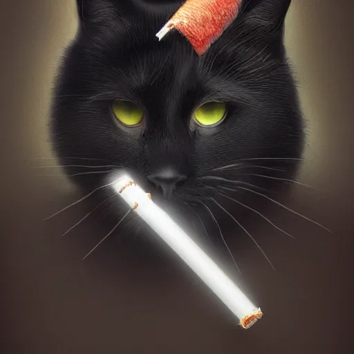 Prompt: a portrait of a black cat with a cigarette in its mouth, fantasy, intricate, cinematic lighting, highly detailed, digital painting, artstation, concept art, smooth, sharp focus, illustration