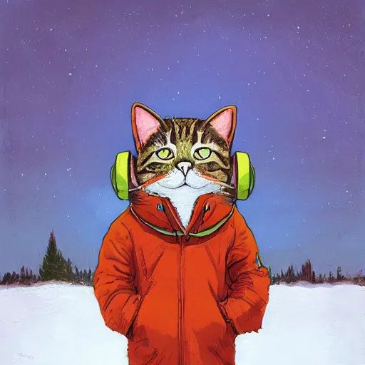 Prompt: portrait of a cat wearing a large parka and headphones, by louis wain, simon stalenhag, trending on artstation