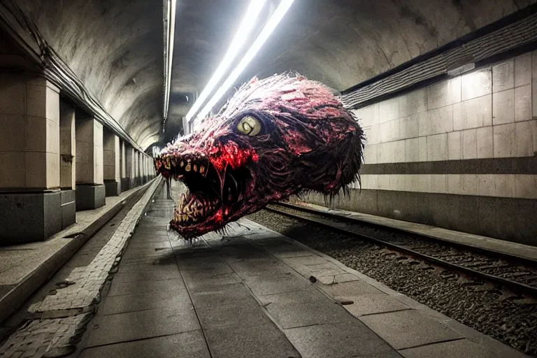 Image similar to very large giant mutant zombie irradiated ( angry rat ) staying on railways in tonnel of moscow subway. giant angry rat. 4 k, very realistic. extreme long shot, low dark light, scary mood, ( anish kapoor, herman nitsch ).