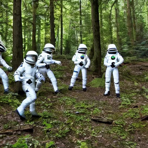 Image similar to a squad of space scouts wearing camo uniforms with white armor and helmets exploring a forest planet