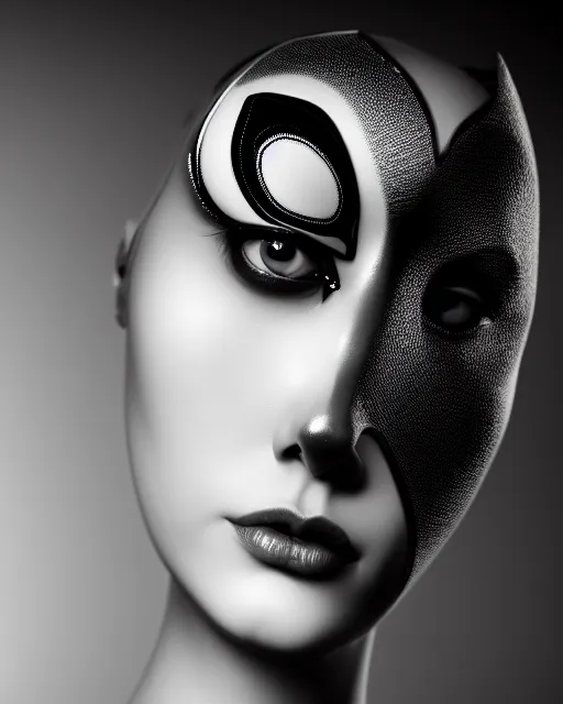 Image similar to surreal mythical dreamy dark artistic black and white fine art 3 / 4 fashion portrait photo of a young beautiful delicate female robot with orchid - owl face, rim light, cinematic, studio dramatic light, poetic, masterpiece, octane render, 8 k, photo - realistic by hg giger and man ray