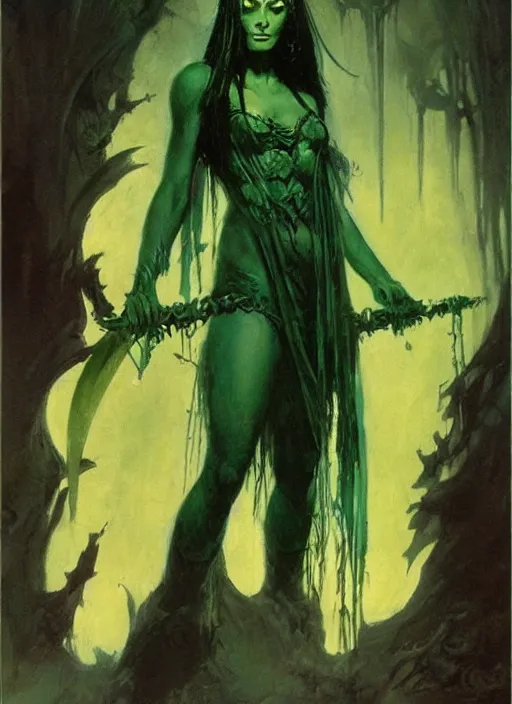 Image similar to ample female necromancer sorceress, green tiara, strong line, deep color, beautiful! coherent! by frank frazetta, by brom, low angle