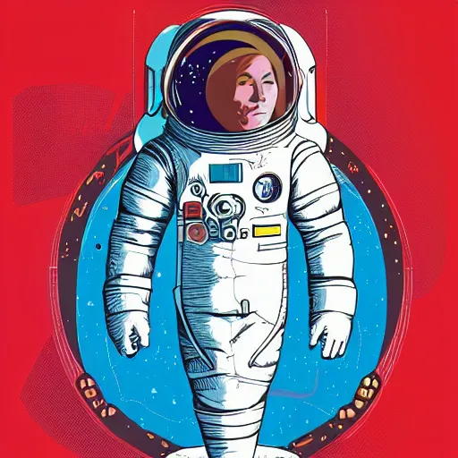 Image similar to retro space explorer portraits. red astronaut suit. josan gonzalez