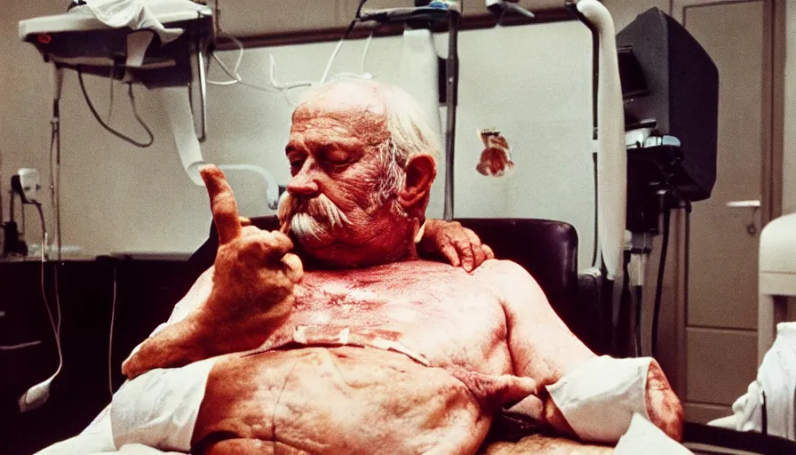 Image similar to 7 0 s movie still of a old meat man in the hospital, cinestill 8 0 0 t 3 5 mm eastmancolor, heavy grain, high quality, high detail