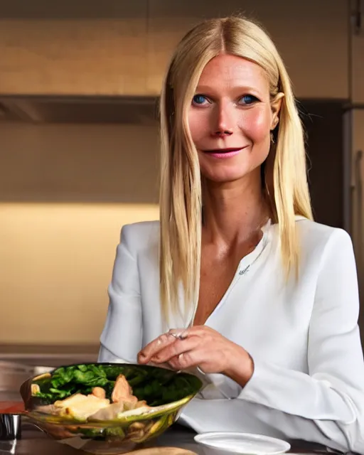 Prompt: wide shot photoshoot of gwyneth paltrow preparing a meal, 8 k, photorealistic