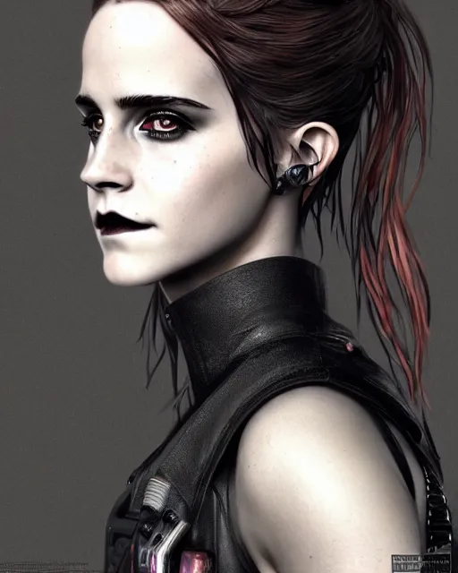 Image similar to goth cyberpunk portrait of emma watson, au naturel, hyper detailed, digital art, trending in artstation, cinematic lighting, studio quality, smooth render, unreal engine 5 rendered, octane rendered, art style by klimt and nixeu and ian sprigger and wlop and krenz cushart.